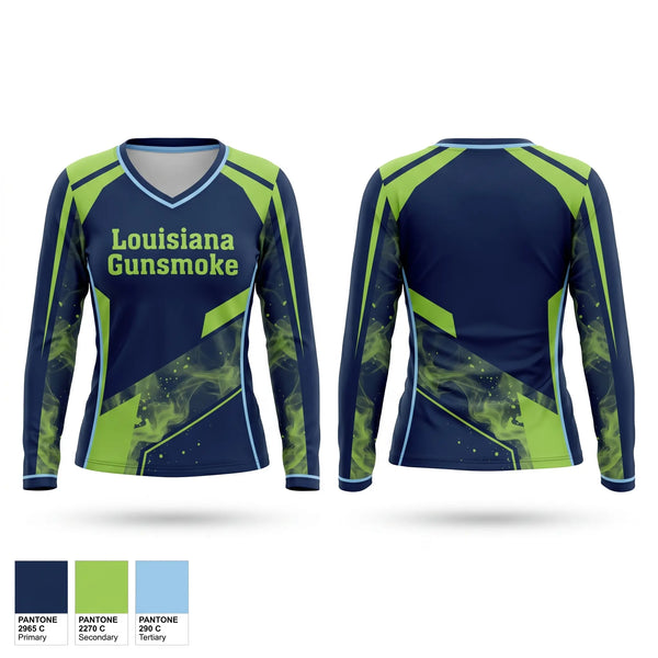 Womens Long Sleeve Vneck Shirt, Louisiana Gunsmoke, Softball, Teamtime, Team time, sublimation, custom sports apparel, team uniforms, spirit wear, spiritwear, sports uniforms, custom shirts, team store, custom team store, fundraiser sports, apparel fundraiser