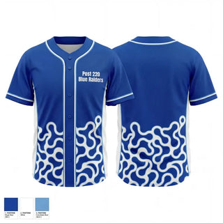 Full Button Baseball Jersey, Post 220 Blue Raiders, Baseball, Teamtime, Team time, sublimation, custom sports apparel, team uniforms, spirit wear, spiritwear, sports uniforms, custom shirts, team store, custom team store, fundraiser sports, apparel fundraiser