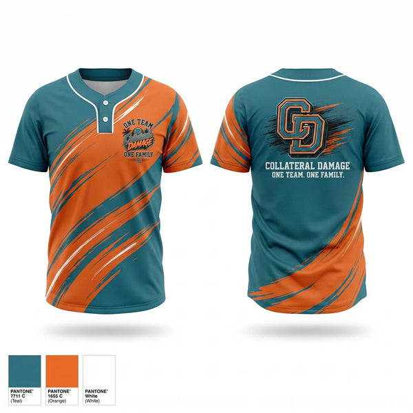 Two Button Softball Jersey, Collateral Damage, Softball, Teamtime, Team time, sublimation, custom sports apparel, team uniforms, spirit wear, spiritwear, sports uniforms, custom shirts, team store, custom team store, fundraiser sports, apparel fundraiser