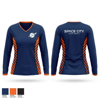 Womens Long Sleeve Vneck Shirt, Space City Pickleball, , Teamtime, Team time, sublimation, custom sports apparel, team uniforms, spirit wear, spiritwear, sports uniforms, custom shirts, team store, custom team store, fundraiser sports, apparel fundraiser
