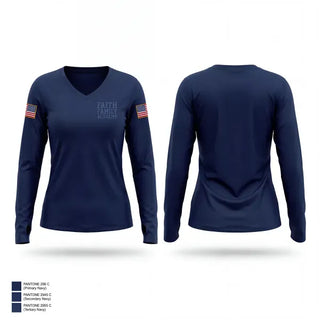 Womens Long Sleeve Vneck Shirt, Faith Family Academy, Navy, Teamtime, Team time, sublimation, custom sports apparel, team uniforms, spirit wear, spiritwear, sports uniforms, custom shirts, team store, custom team store, fundraiser sports, apparel fundraiser