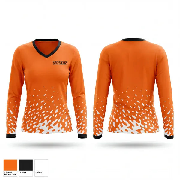 Womens Long Sleeve Vneck Shirt, Tigers, Baseball, Teamtime, Team time, sublimation, custom sports apparel, team uniforms, spirit wear, spiritwear, sports uniforms, custom shirts, team store, custom team store, fundraiser sports, apparel fundraiser