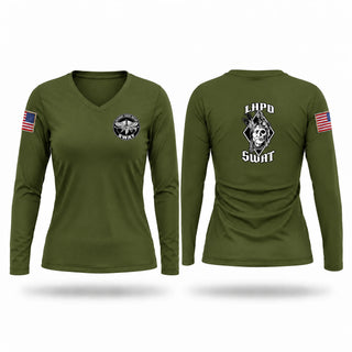 Womens Long Sleeve Vneck Shirt, Muskogee Creek Nation Swat, Police, Teamtime, Team time, sublimation, custom sports apparel, team uniforms, spirit wear, spiritwear, sports uniforms, custom shirts, team store, custom team store, fundraiser sports, apparel fundraiser