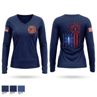 Womens Long Sleeve Vneck Shirt, Farmersville fire/ EMS, Fire Department, Teamtime, Team time, sublimation, custom sports apparel, team uniforms, spirit wear, spiritwear, sports uniforms, custom shirts, team store, custom team store, fundraiser sports, apparel fundraiser
