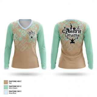 Womens Long Sleeve Vneck Shirt, CrossFit Drums, Spirit Store, Teamtime, Team time, sublimation, custom sports apparel, team uniforms, spirit wear, spiritwear, sports uniforms, custom shirts, team store, custom team store, fundraiser sports, apparel fundraiser