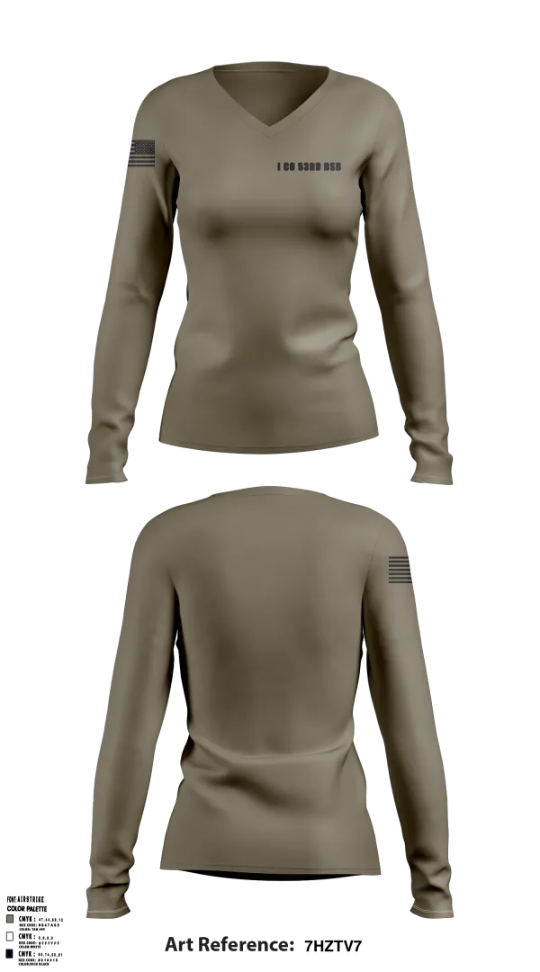 Womens Long Sleeve Vneck Shirt, I Co 53rd BSB, National Guard, Teamtime, Team time, sublimation, custom sports apparel, team uniforms, spirit wear, spiritwear, sports uniforms, custom shirts, team store, custom team store, fundraiser sports, apparel fundraiser
