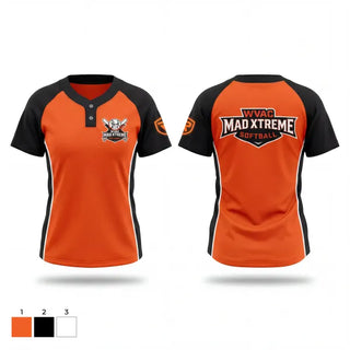 Two Button Softball Jersey, MAD Xtreme, Softball, Teamtime, Team time, sublimation, custom sports apparel, team uniforms, spirit wear, spiritwear, sports uniforms, custom shirts, team store, custom team store, fundraiser sports, apparel fundraiser