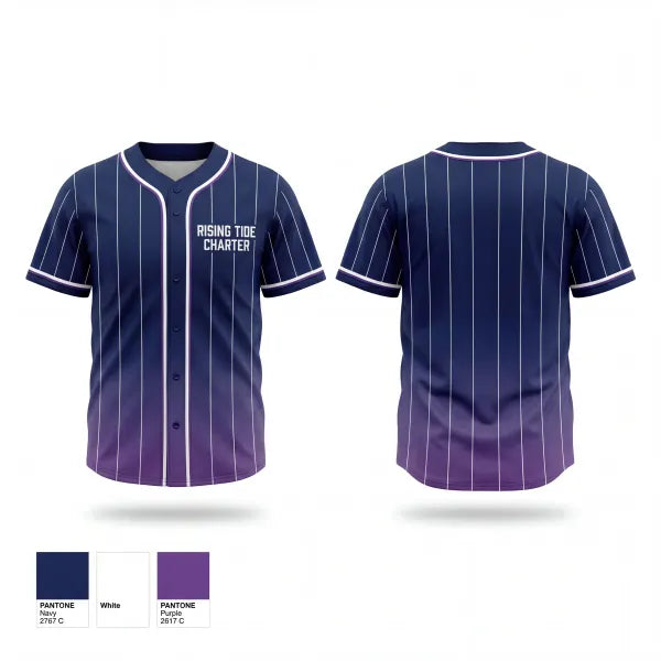 Full Button Baseball Jersey, Rising Tide Charter, Baseball, Teamtime, Team time, sublimation, custom sports apparel, team uniforms, spirit wear, spiritwear, sports uniforms, custom shirts, team store, custom team store, fundraiser sports, apparel fundraiser