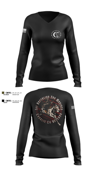 Womens Long Sleeve Vneck Shirt, 1st Battalion 2nd Marines Charlie Co Veteran, Marines, Teamtime, Team time, sublimation, custom sports apparel, team uniforms, spirit wear, spiritwear, sports uniforms, custom shirts, team store, custom team store, fundraiser sports, apparel fundraiser