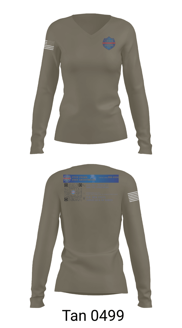 Womens Long Sleeve Vneck Shirt, CrimeStoppers Honolulu, Police, Teamtime, Team time, sublimation, custom sports apparel, team uniforms, spirit wear, spiritwear, sports uniforms, custom shirts, team store, custom team store, fundraiser sports, apparel fundraiser