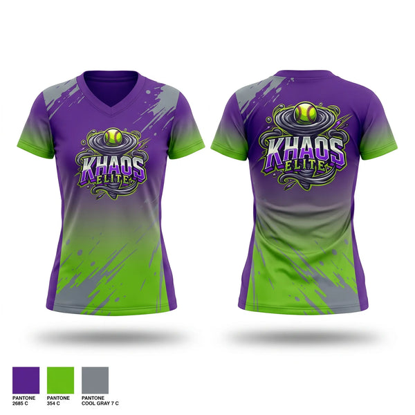 Womens Short Sleeve Vneck Shirt, Khaos Elite, Softball, Teamtime, Team time, sublimation, custom sports apparel, team uniforms, spirit wear, spiritwear, sports uniforms, custom shirts, team store, custom team store, fundraiser sports, apparel fundraiser