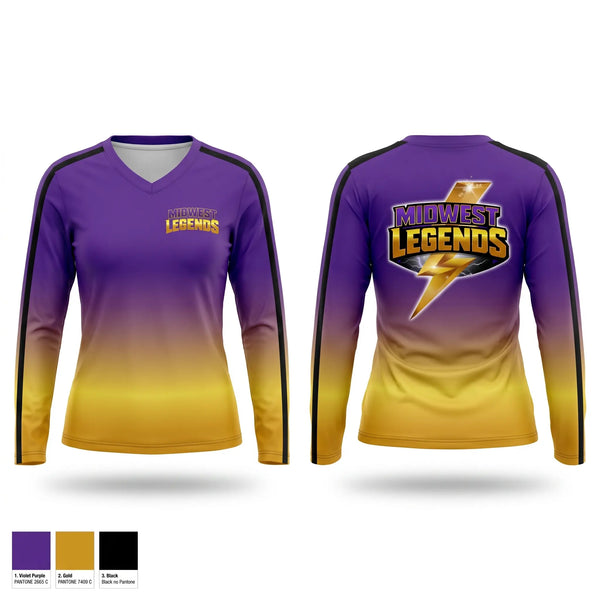 Womens Long Sleeve Vneck Shirt, Midwest Legends Cheer, Cheer, Teamtime, Team time, sublimation, custom sports apparel, team uniforms, spirit wear, spiritwear, sports uniforms, custom shirts, team store, custom team store, fundraiser sports, apparel fundraiser