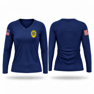 Womens Long Sleeve Vneck Shirt, Oklahoma City Community College Police Department, Police, Teamtime, Team time, sublimation, custom sports apparel, team uniforms, spirit wear, spiritwear, sports uniforms, custom shirts, team store, custom team store, fundraiser sports, apparel fundraiser
