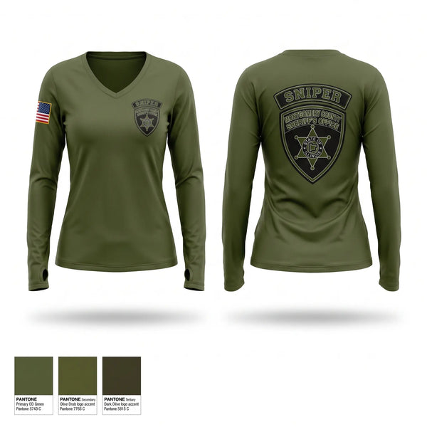 Womens Long Sleeve Vneck Shirt, Montgomery County Sheriff’s Office, Police, Teamtime, Team time, sublimation, custom sports apparel, team uniforms, spirit wear, spiritwear, sports uniforms, custom shirts, team store, custom team store, fundraiser sports, apparel fundraiser
