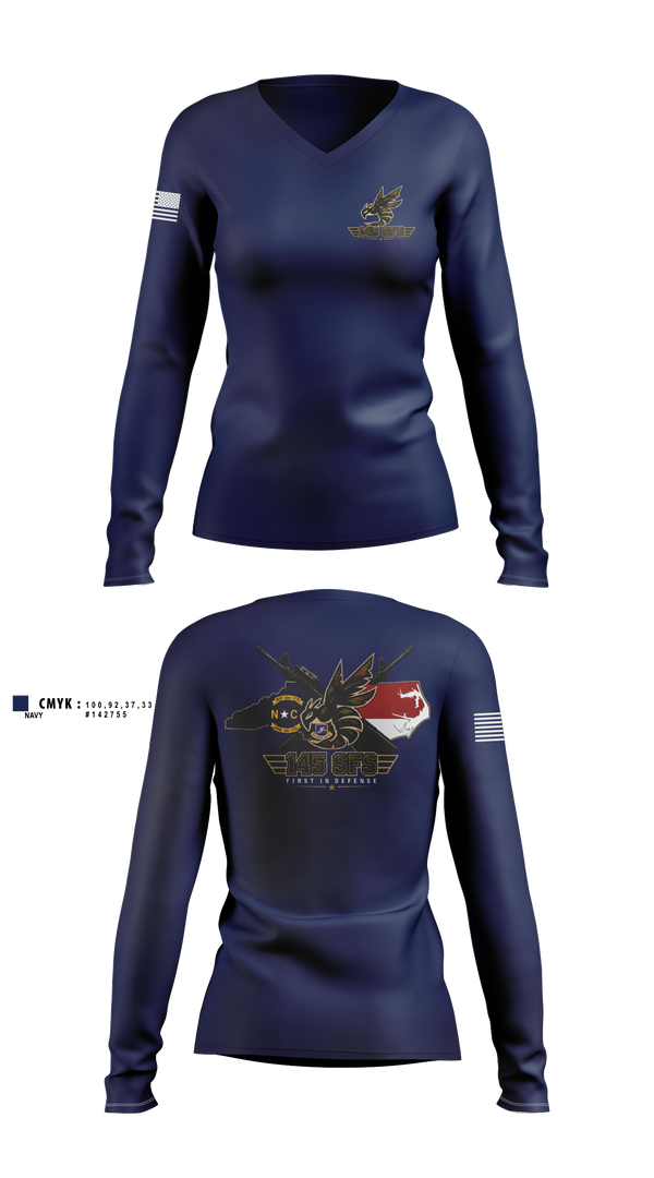 Womens Long Sleeve Vneck Shirt, 145 SFS, Air Force, Teamtime, Team time, sublimation, custom sports apparel, team uniforms, spirit wear, spiritwear, sports uniforms, custom shirts, team store, custom team store, fundraiser sports, apparel fundraiser