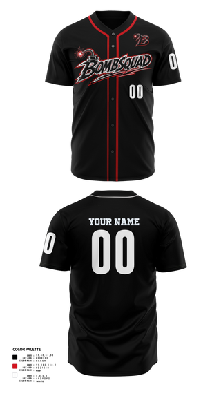 Full Button Baseball Jersey, Bombsquad 11u, Baseball, Teamtime, Team time, sublimation, custom sports apparel, team uniforms, spirit wear, spiritwear, sports uniforms, custom shirts, team store, custom team store, fundraiser sports, apparel fundraiser