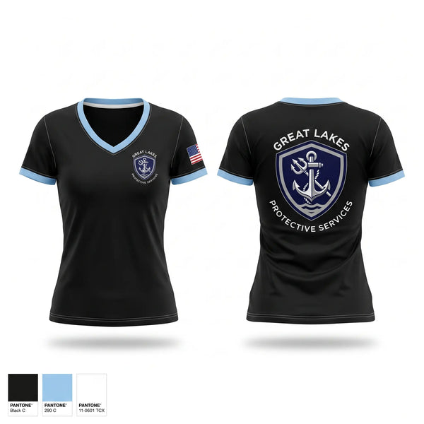 Womens Short Sleeve Vneck Shirt, Great Lakes Protective Services, Police, Teamtime, Team time, sublimation, custom sports apparel, team uniforms, spirit wear, spiritwear, sports uniforms, custom shirts, team store, custom team store, fundraiser sports, apparel fundraiser