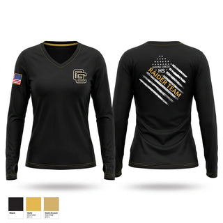 Womens Long Sleeve Vneck Shirt, Goose Creek high school JROTC, Bowling, Teamtime, Team time, sublimation, custom sports apparel, team uniforms, spirit wear, spiritwear, sports uniforms, custom shirts, team store, custom team store, fundraiser sports, apparel fundraiser