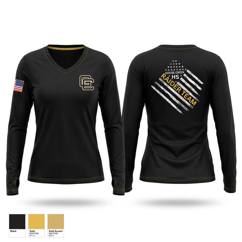 Womens Long Sleeve Vneck Shirt, Goose Creek high school JROTC, Bowling, Teamtime, Team time, sublimation, custom sports apparel, team uniforms, spirit wear, spiritwear, sports uniforms, custom shirts, team store, custom team store, fundraiser sports, apparel fundraiser