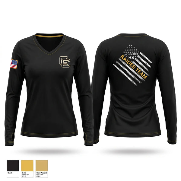 Womens Long Sleeve Vneck Shirt, Goose Creek high school JROTC, Bowling, Teamtime, Team time, sublimation, custom sports apparel, team uniforms, spirit wear, spiritwear, sports uniforms, custom shirts, team store, custom team store, fundraiser sports, apparel fundraiser