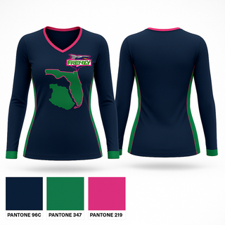 Womens Long Sleeve Vneck Shirt, Frenzy, Softball, Teamtime, Team time, sublimation, custom sports apparel, team uniforms, spirit wear, spiritwear, sports uniforms, custom shirts, team store, custom team store, fundraiser sports, apparel fundraiser