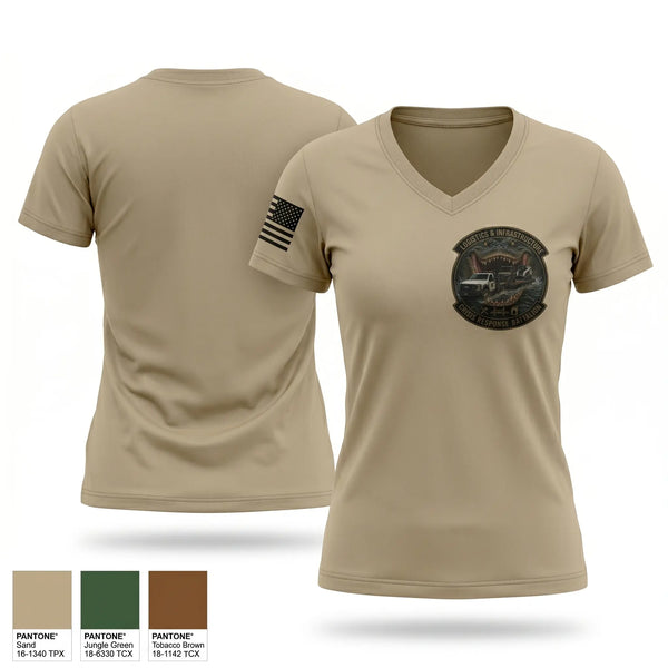 Womens Short Sleeve Vneck Shirt, Logistics & Infrastructure Platoon Crisis Response Battalion, National Guard, Teamtime, Team time, sublimation, custom sports apparel, team uniforms, spirit wear, spiritwear, sports uniforms, custom shirts, team store, custom team store, fundraiser sports, apparel fundraiser