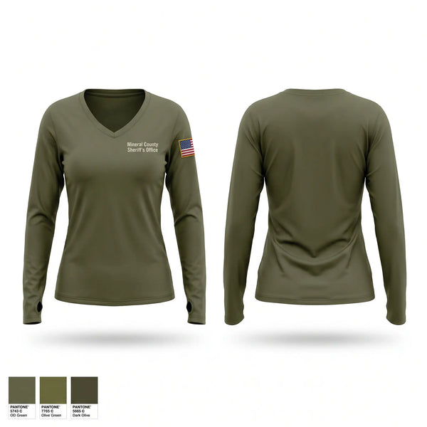 Womens Long Sleeve Vneck Shirt, Mineral County Sheriff’s Office, Police, Teamtime, Team time, sublimation, custom sports apparel, team uniforms, spirit wear, spiritwear, sports uniforms, custom shirts, team store, custom team store, fundraiser sports, apparel fundraiser