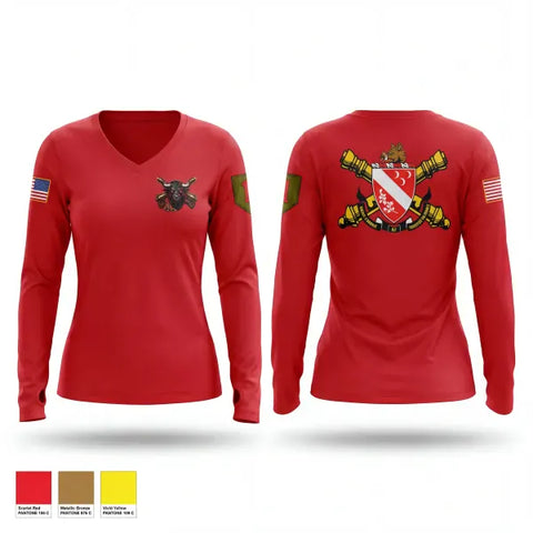 Womens Long Sleeve Vneck Shirt, Bravo battery 1-7FA, Army, Teamtime, Team time, sublimation, custom sports apparel, team uniforms, spirit wear, spiritwear, sports uniforms, custom shirts, team store, custom team store, fundraiser sports, apparel fundraiser