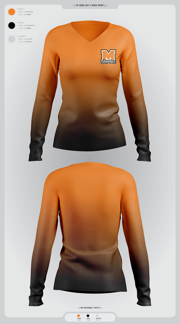Womens Long Sleeve Vneck Shirt, Menahga Braves, Women's Basketball, Teamtime, Team time, sublimation, custom sports apparel, team uniforms, spirit wear, spiritwear, sports uniforms, custom shirts, team store, custom team store, fundraiser sports, apparel fundraiser