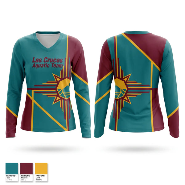 Womens Long Sleeve Vneck Shirt, Las Cruces Aquatic Team, Swimming, Teamtime, Team time, sublimation, custom sports apparel, team uniforms, spirit wear, spiritwear, sports uniforms, custom shirts, team store, custom team store, fundraiser sports, apparel fundraiser