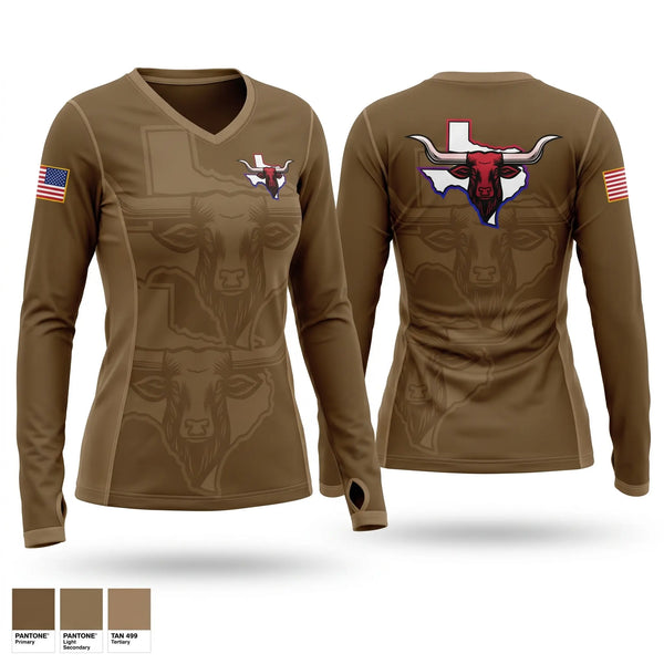 Womens Long Sleeve Vneck Shirt, 341 MMB, Army, Teamtime, Team time, sublimation, custom sports apparel, team uniforms, spirit wear, spiritwear, sports uniforms, custom shirts, team store, custom team store, fundraiser sports, apparel fundraiser