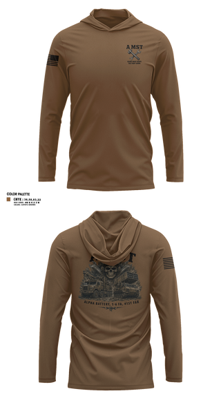 Long Sleeve Performance Shirt with hood, A Battery, 1-6 FA, A MST, Army, Teamtime, Team time, sublimation, custom sports apparel, team uniforms, spirit wear, spiritwear, sports uniforms, custom shirts, team store, custom team store, fundraiser sports, apparel fundraiser