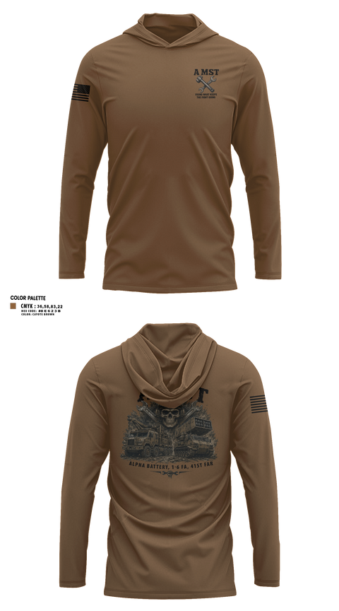 Long Sleeve Performance Shirt with hood, A Battery, 1-6 FA, A MST, Army, Teamtime, Team time, sublimation, custom sports apparel, team uniforms, spirit wear, spiritwear, sports uniforms, custom shirts, team store, custom team store, fundraiser sports, apparel fundraiser