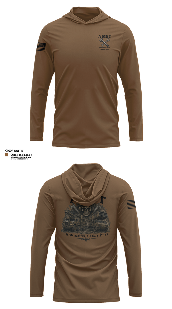 Long Sleeve Performance Shirt with hood, A Battery, 1-6 FA, A MST, Army, Teamtime, Team time, sublimation, custom sports apparel, team uniforms, spirit wear, spiritwear, sports uniforms, custom shirts, team store, custom team store, fundraiser sports, apparel fundraiser