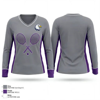 Womens Long Sleeve Vneck Shirt, Albion Purple Eagles, Tennis, Teamtime, Team time, sublimation, custom sports apparel, team uniforms, spirit wear, spiritwear, sports uniforms, custom shirts, team store, custom team store, fundraiser sports, apparel fundraiser