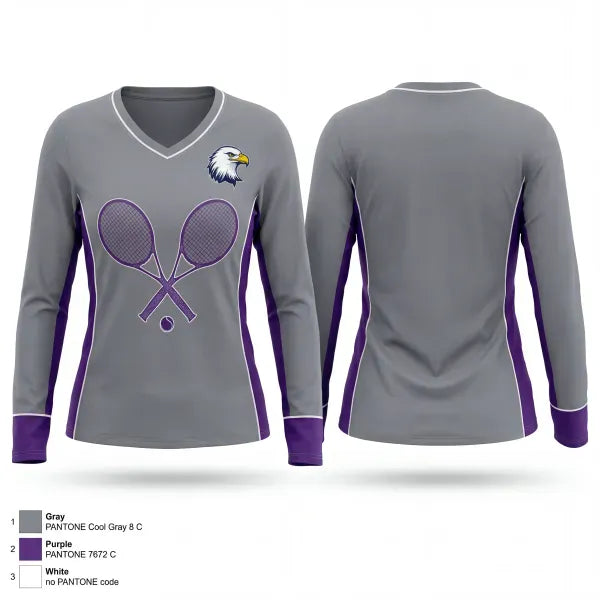 Womens Long Sleeve Vneck Shirt, Albion Purple Eagles, Tennis, Teamtime, Team time, sublimation, custom sports apparel, team uniforms, spirit wear, spiritwear, sports uniforms, custom shirts, team store, custom team store, fundraiser sports, apparel fundraiser