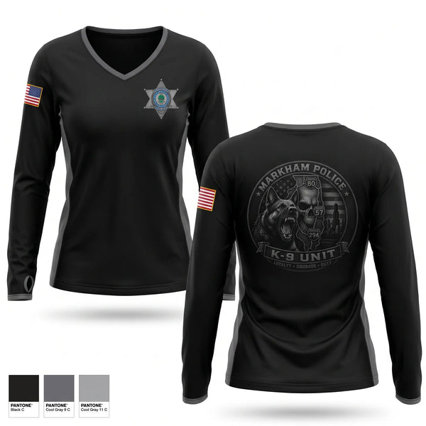 Womens Long Sleeve Vneck Shirt, Markham Police K-9 Unit, Police, Teamtime, Team time, sublimation, custom sports apparel, team uniforms, spirit wear, spiritwear, sports uniforms, custom shirts, team store, custom team store, fundraiser sports, apparel fundraiser