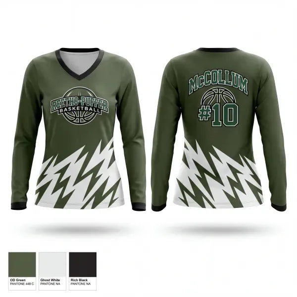 Womens Long Sleeve Vneck Shirt, Reeths- puffer rockets, Men's Basketball, Teamtime, Team time, sublimation, custom sports apparel, team uniforms, spirit wear, spiritwear, sports uniforms, custom shirts, team store, custom team store, fundraiser sports, apparel fundraiser
