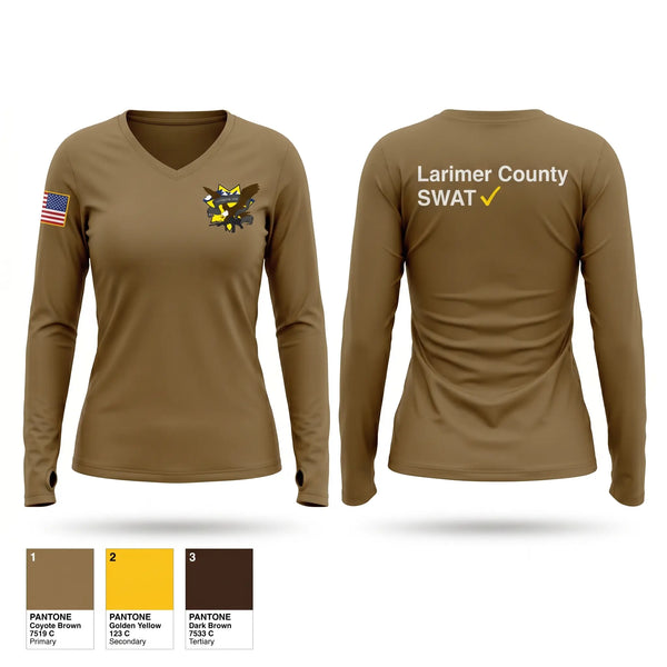 Womens Long Sleeve Vneck Shirt, Larimer County Swat, Police, Teamtime, Team time, sublimation, custom sports apparel, team uniforms, spirit wear, spiritwear, sports uniforms, custom shirts, team store, custom team store, fundraiser sports, apparel fundraiser