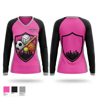 Womens Long Sleeve Vneck Shirt, Metro Sports Center Volleyball, Men's Volleyball, Teamtime, Team time, sublimation, custom sports apparel, team uniforms, spirit wear, spiritwear, sports uniforms, custom shirts, team store, custom team store, fundraiser sports, apparel fundraiser