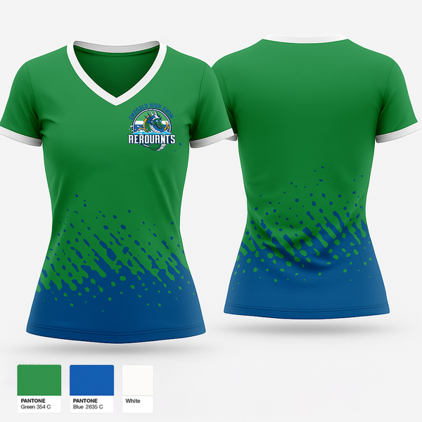 Womens Short Sleeve Vneck Shirt, Emerald High Swim Aeroaunts, Swimming, Teamtime, Team time, sublimation, custom sports apparel, team uniforms, spirit wear, spiritwear, sports uniforms, custom shirts, team store, custom team store, fundraiser sports, apparel fundraiser