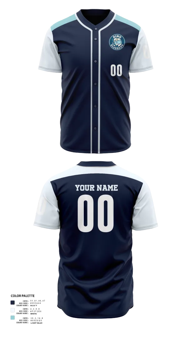 Full Button Baseball Jersey, Dino Sluggers, Baseball, Teamtime, Team time, sublimation, custom sports apparel, team uniforms, spirit wear, spiritwear, sports uniforms, custom shirts, team store, custom team store, fundraiser sports, apparel fundraiser