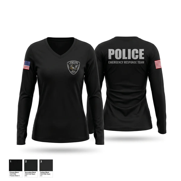 Womens Long Sleeve Vneck Shirt, Lansing Emergency Response Team, Police, Teamtime, Team time, sublimation, custom sports apparel, team uniforms, spirit wear, spiritwear, sports uniforms, custom shirts, team store, custom team store, fundraiser sports, apparel fundraiser