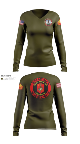 Womens Long Sleeve Vneck Shirt, Lima Co. 3rd Bat. 2nd Mar. Div., Marines, Teamtime, Team time, sublimation, custom sports apparel, team uniforms, spirit wear, spiritwear, sports uniforms, custom shirts, team store, custom team store, fundraiser sports, apparel fundraiser