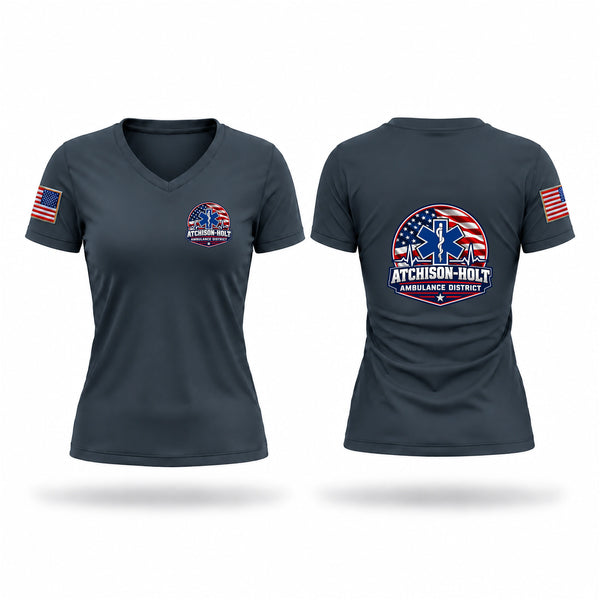 Womens Short Sleeve Vneck Shirt, Atchison Holt Ambulance District, EMS/EMT, Teamtime, Team time, sublimation, custom sports apparel, team uniforms, spirit wear, spiritwear, sports uniforms, custom shirts, team store, custom team store, fundraiser sports, apparel fundraiser