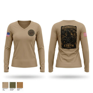 Womens Long Sleeve Vneck Shirt, HHC 136th ESB, Army, Teamtime, Team time, sublimation, custom sports apparel, team uniforms, spirit wear, spiritwear, sports uniforms, custom shirts, team store, custom team store, fundraiser sports, apparel fundraiser