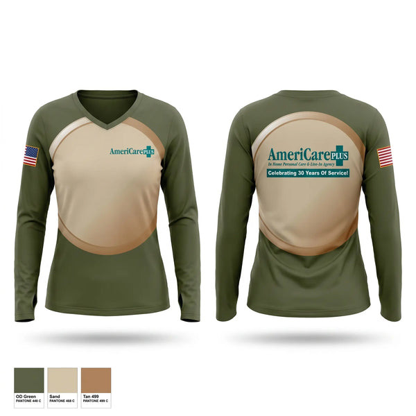 Womens Long Sleeve Vneck Shirt, Americare Plus, EMS/EMT, Teamtime, Team time, sublimation, custom sports apparel, team uniforms, spirit wear, spiritwear, sports uniforms, custom shirts, team store, custom team store, fundraiser sports, apparel fundraiser