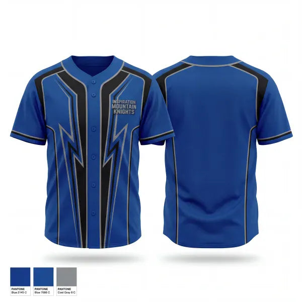 Full Button Baseball Jersey, Inspiration Mountain Knights, Baseball, Teamtime, Team time, sublimation, custom sports apparel, team uniforms, spirit wear, spiritwear, sports uniforms, custom shirts, team store, custom team store, fundraiser sports, apparel fundraiser