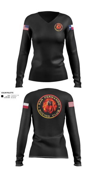 Womens Long Sleeve Vneck Shirt, San Fernando Boxing Club, Spirit Store, Teamtime, Team time, sublimation, custom sports apparel, team uniforms, spirit wear, spiritwear, sports uniforms, custom shirts, team store, custom team store, fundraiser sports, apparel fundraiser