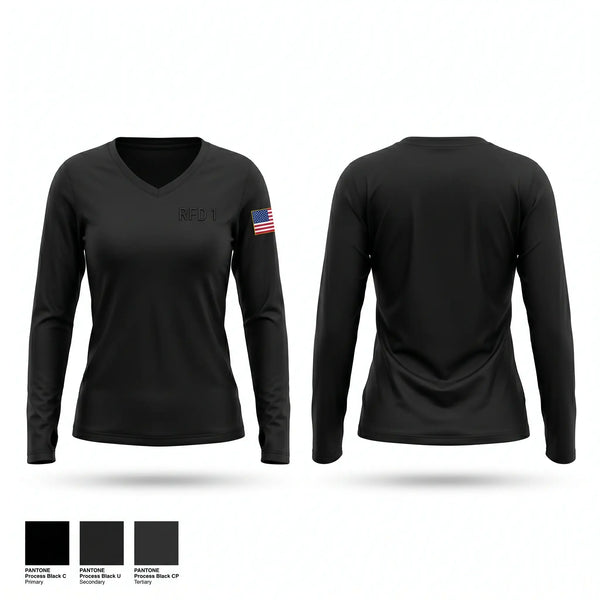 Womens Long Sleeve Vneck Shirt, RFD 1, Fire Department, Teamtime, Team time, sublimation, custom sports apparel, team uniforms, spirit wear, spiritwear, sports uniforms, custom shirts, team store, custom team store, fundraiser sports, apparel fundraiser